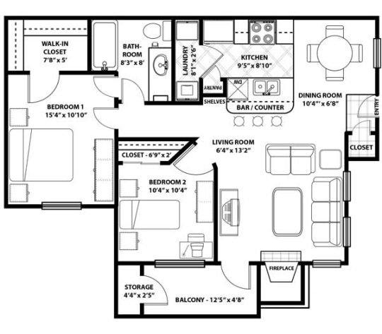 the floor plan for a two bedroom apartment at The Westmount at Three Fountains