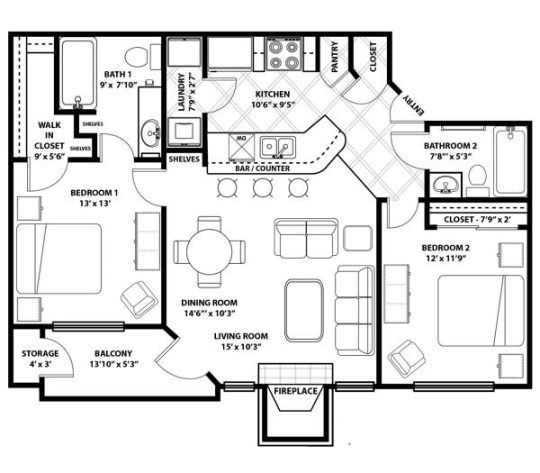 floor plan of a two bedroom apartment at The Westmount at Three Fountains