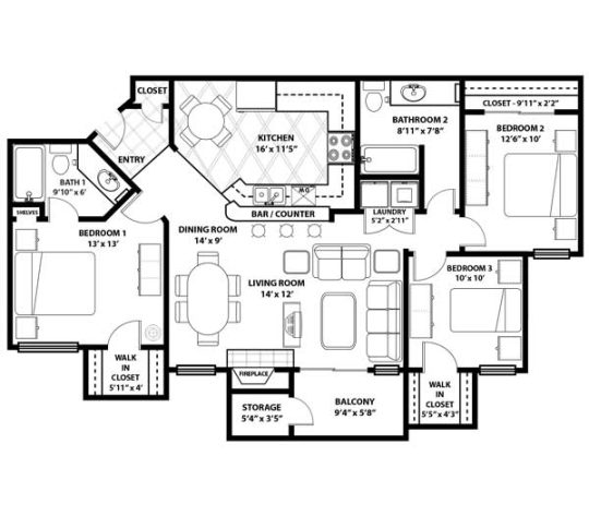 floor plan of a two bedroom apartment at The Westmount at Three Fountains